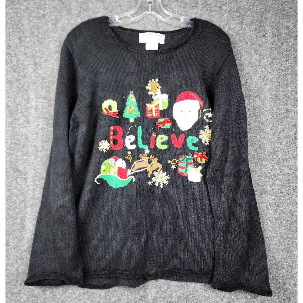 Tiara International‎ Christmas Sweater Women 2X Black Believe Santa 3D Appliqué